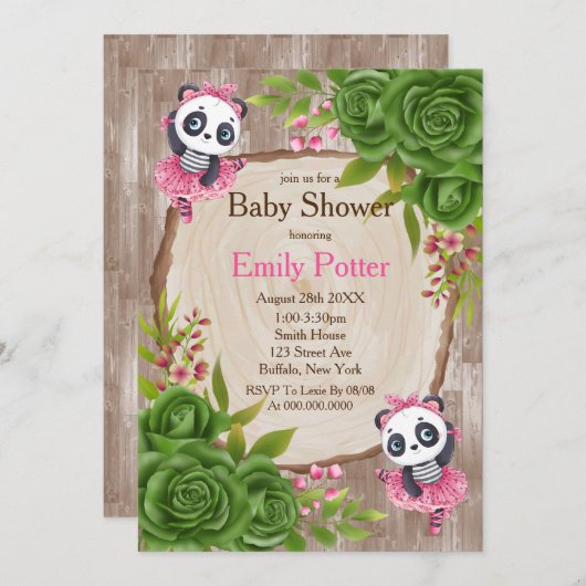 Panda Bear Pink Tutu Wood Baby Dusche Einladungen (Vorne/Hinten)