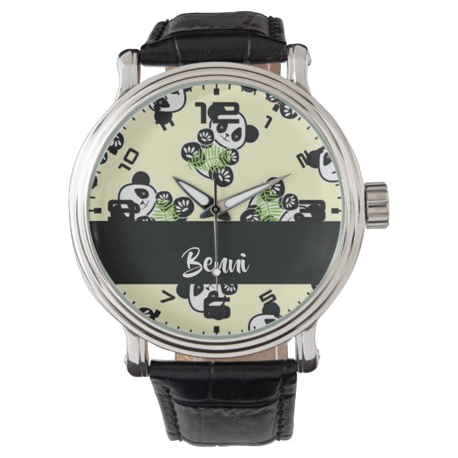 Panda bear with green bamboo leaves armbanduhr (Vorderseite)