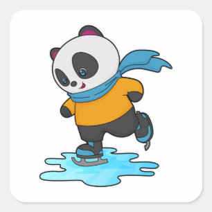 Panda bei Ice Skaten mit Ice Skate & Scarf Quadratischer Aufkleber