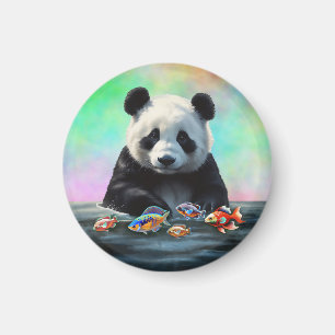 Panda betrachtet farbenfrohe schwimmende Fische Magnet