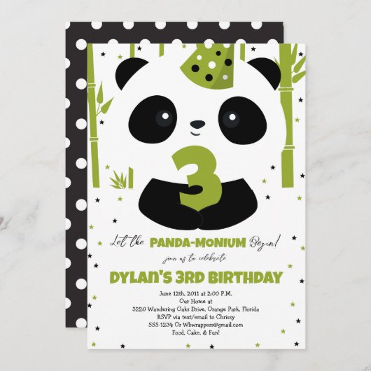 Panda Birthday Einladung für Panda Party (Vorne/Hinten)