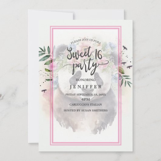 Panda Blume Wasserfarbe Einladung (Vorderseite)