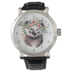 Panda Blumen Aquarell Armbanduhr