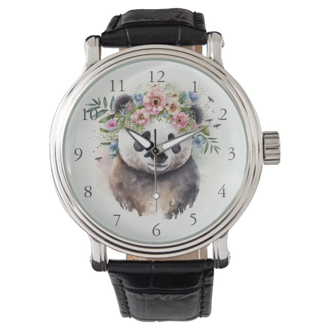 Panda Blumen Aquarell              Armbanduhr (Vorderseite)