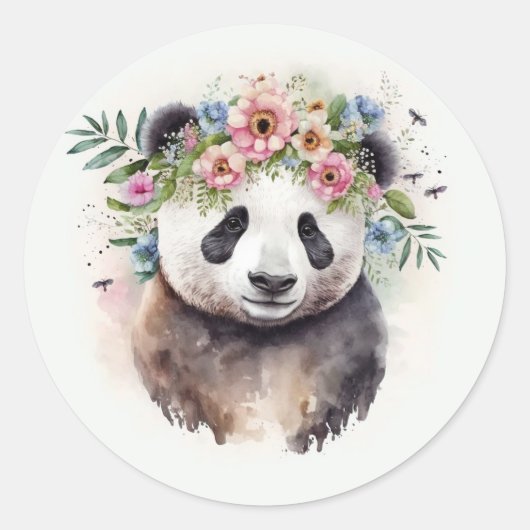 Panda Blumen Aquarell Runder Aufkleber (Vorderseite)