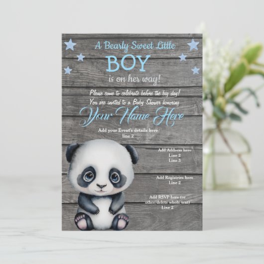 Panda Boy Baby Shower Einladung, rustikaler blauer Einladung (Stehend Vorderseite)