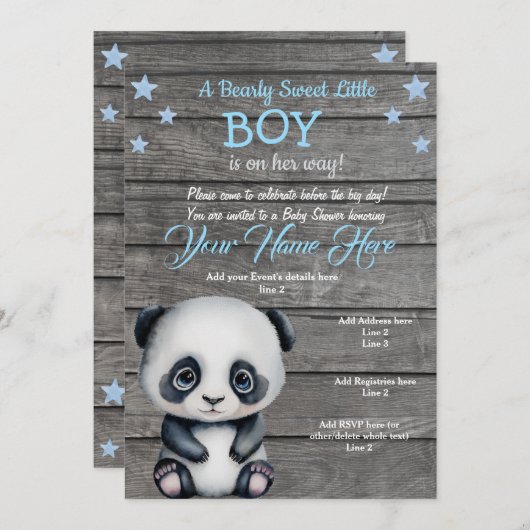 Panda Boy Baby Shower Einladung, rustikaler blauer Einladung (Vorne/Hinten)