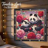 Panda Couple Rose Garden Quadratische Wanduhr