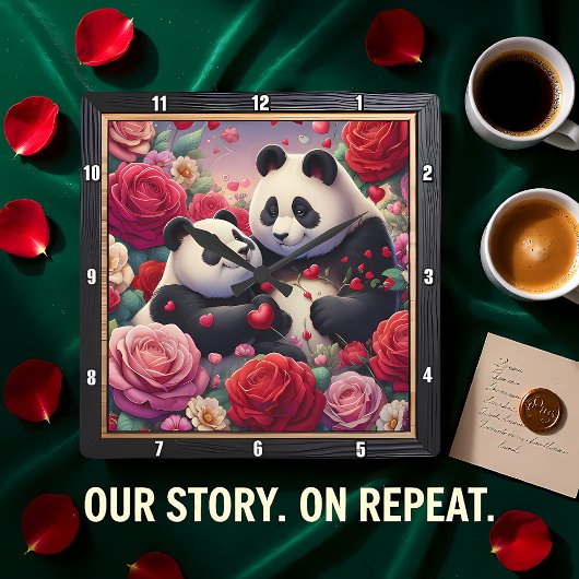 Panda Couple Rose Garden Quadratische Wanduhr