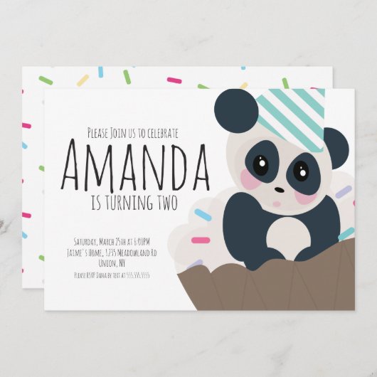 Panda Cupcake Sprinkles Geburtstag jede zeitliche Einladung (Vorne/Hinten)