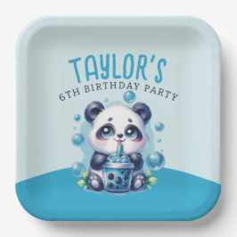 Panda Drinking Blue Boba Bubble Tea Geburtstagspar Pappteller