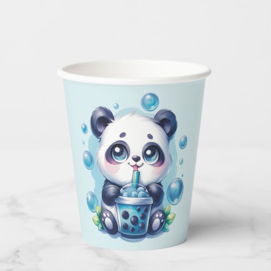 Panda Drinking Blue Boba Bubble Tee Pappbecher (Vorderseite)