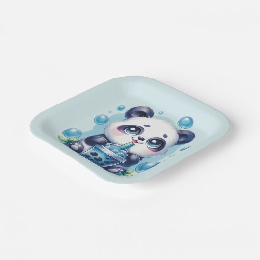 Panda Drinking Blue Boba Bubble Tee Pappteller (Gewinkelt)