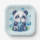 Panda Drinking Blue Boba Bubble Tee Pappteller (Vorderseite)