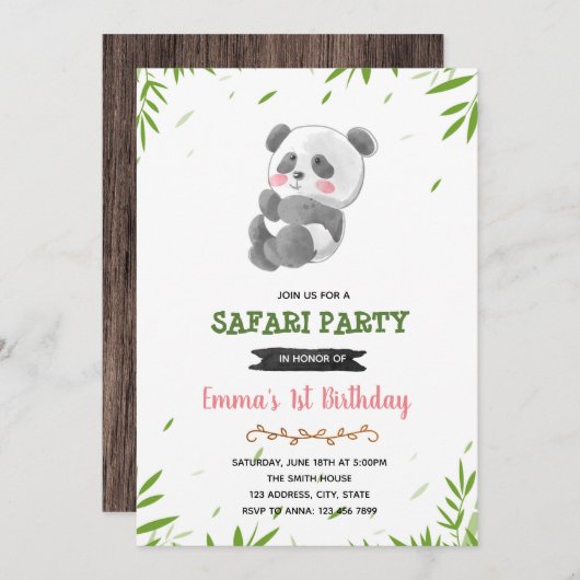 Panda Dusche Geburtstagsfeier Einladung (Vorne/Hinten)