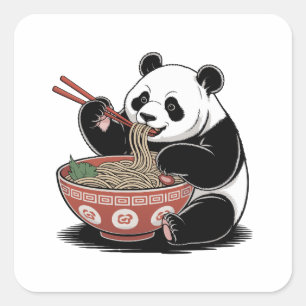 Panda Eating Ramen Japanischer Retro Ukiyo-e Stil Quadratischer Aufkleber