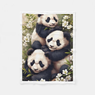 Panda-Familie in Blüten-Decke Fleecedecke