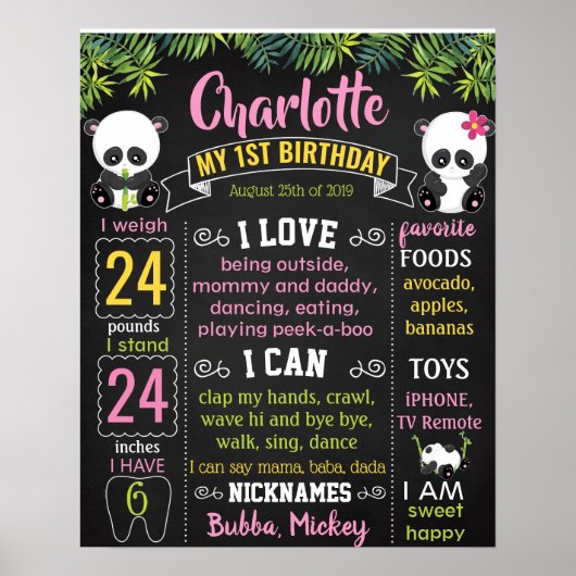 Panda First Birthday Chalkboard-Zeichen Poster (Vorne)