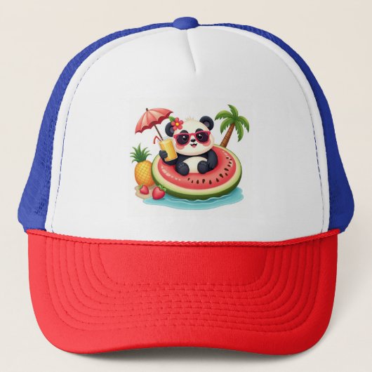 Panda Float Fun 🧢 Tropischer Strandkappen-Stil Truckerkappe (Vorderseite)
