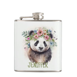 Panda Flowers Watercolor Flachmann