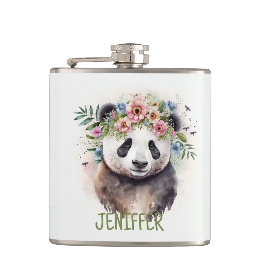 Panda Flowers Watercolor Flachmann (Vorderseite)