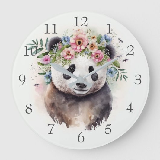 Panda Flowers Watercolor Große Wanduhr (Vorderseite)
