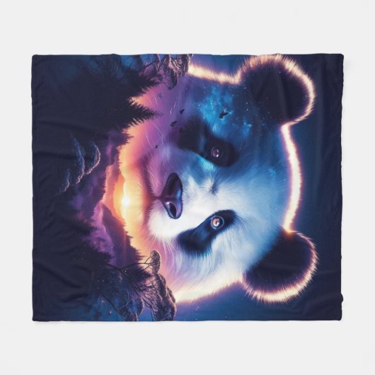 Panda Gesicht mit Surreal Forest und Sunset Fleecedecke (Vorderseite (Horizontal))