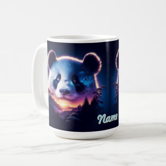 Panda Gesicht mit Surreal Forest und Sunset Kaffeetasse (Vorderseite Links)