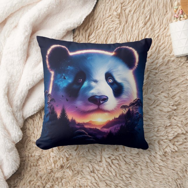Panda Gesicht mit Surreal Forest und Sunset Kissen (Decke)
