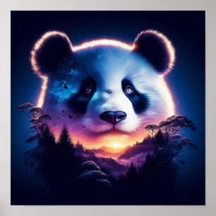 Panda Gesicht mit Surreal Forest und Sunset Poster