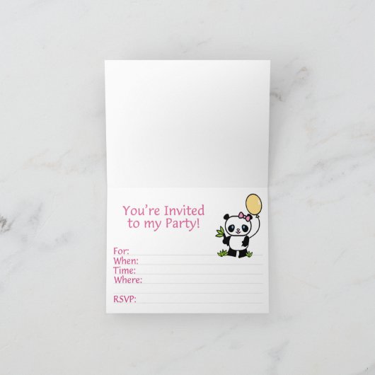 Panda Girl 7th Birthday Fill-in Einladung (Innenseite)