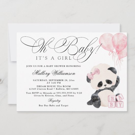 Panda Girl Baby Shower Einladung (Vorderseite)