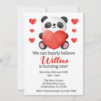 Panda Girl mit Herz Valentine Erster Geburtstag Einladung