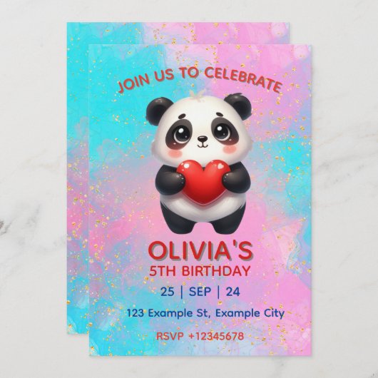 Panda-Herz Einladung (Vorne/Hinten)