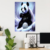 Panda im Schnee mit einem Metallorb | AI Art Poste Poster (Heimbüro)