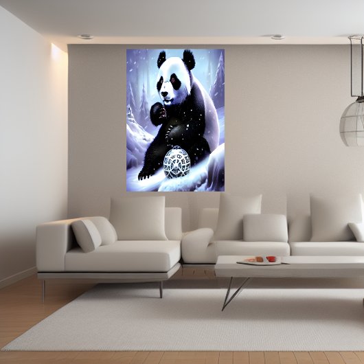 Panda im Schnee mit einem Metallorb | AI Art Poste Poster