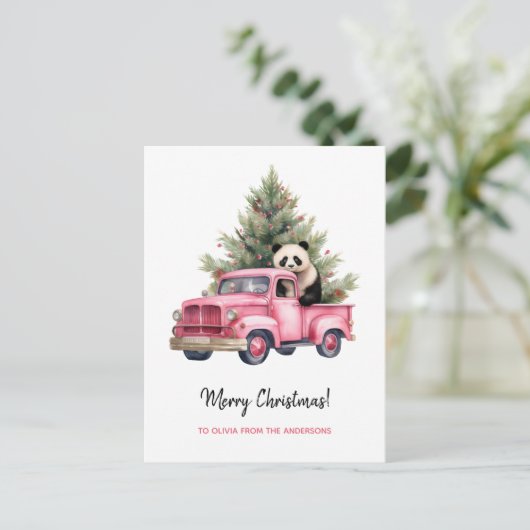 Panda in Pink Vintag Truck Weihnachten (Stehend Vorderseite)