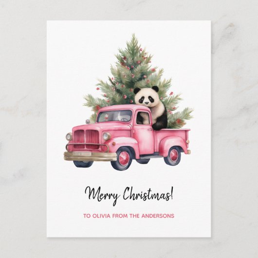 Panda in Pink Vintag Truck Weihnachten (Vorderseite)
