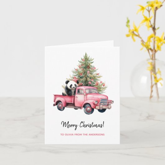 Panda in Retro Pink Truck Weihnachtsbaum Karte (Gelbe Blume)