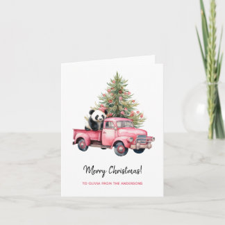 Panda in Retro Pink Truck Weihnachtsbaum Karte