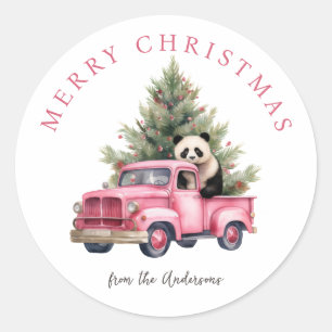 Panda in rosa im alten LKW Weihnachten Runder Aufkleber