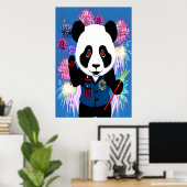 Panda in Uniform und Feuerwerk | AI Art Poster (Heimbüro)