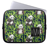 Panda mit Bambusmonogramm des Aquarell-Muster-|