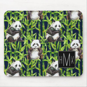 Panda mit Bambusmonogramm des Aquarell-Muster- Mousepad