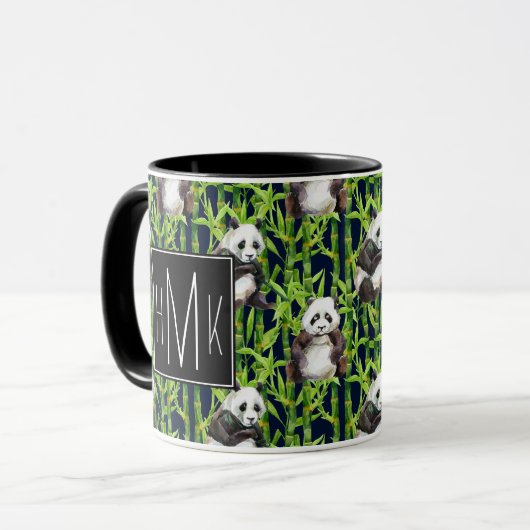 Panda mit Bambusmonogramm des Aquarell-Muster-| Tasse (Vorderseite Links)