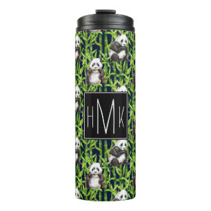Panda mit Bambusmonogramm des Aquarell-Muster- Thermosbecher