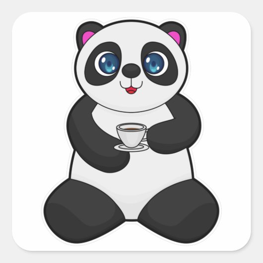 Panda mit Kaffee-Cup Quadratischer Aufkleber (Vorderseite)