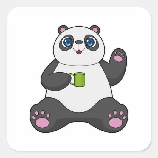 Panda mit Kaffee-Tasse Quadratischer Aufkleber (Vorderseite)