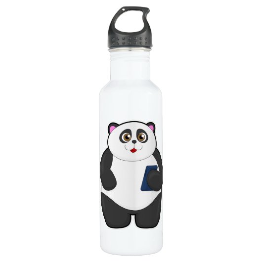 Panda mit Mobiltelefon Edelstahlflasche (Vorderseite)