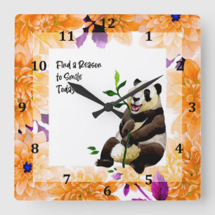 Panda mit orangefarbenen Blume Quadratische Wanduhr